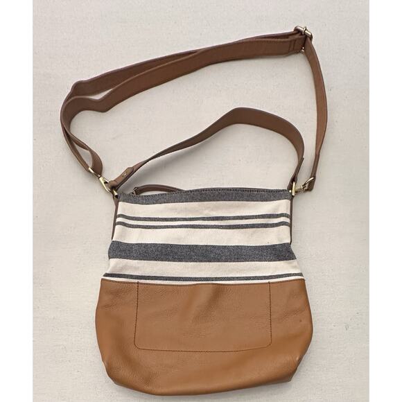 Fossil Handbags - Fossil Amelia Hobo Crossbody Shoulder Bag Brown Leather With Stripe Fabric